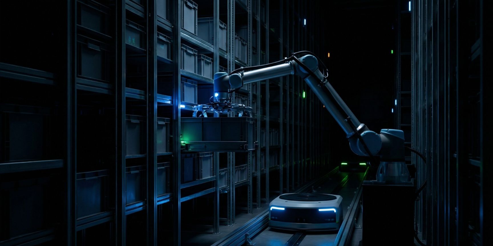 An autonomous shuttle vehicle precisely manipulates boxes in a completely dark high-bay warehouse, illuminated only by sensors. Emphasizes automation.
